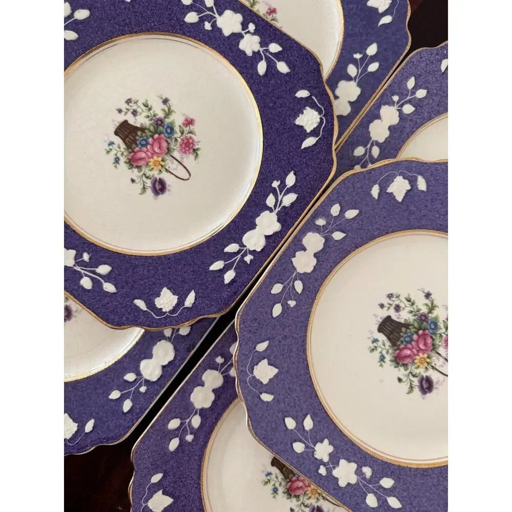 Wedgwood & Co Ltd Queens Ivory England 6 Purple Plates Floral Basket Vintage